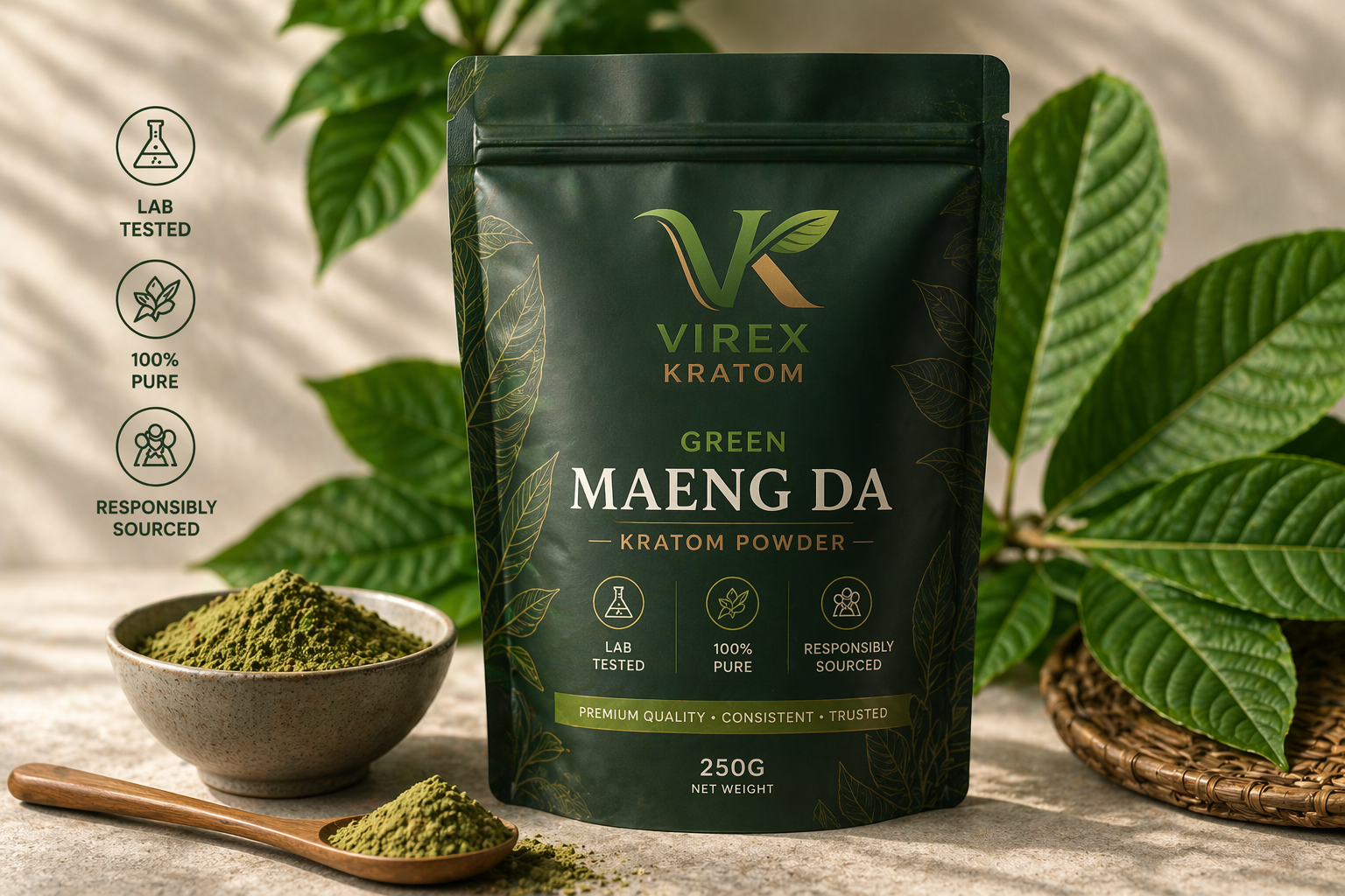 Virex Kratom package with green maeng da kratom powder on a wooden surface with leaves in the background