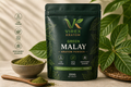 Virex Kratom package with green powder in a bowl and leaves on a neutral background