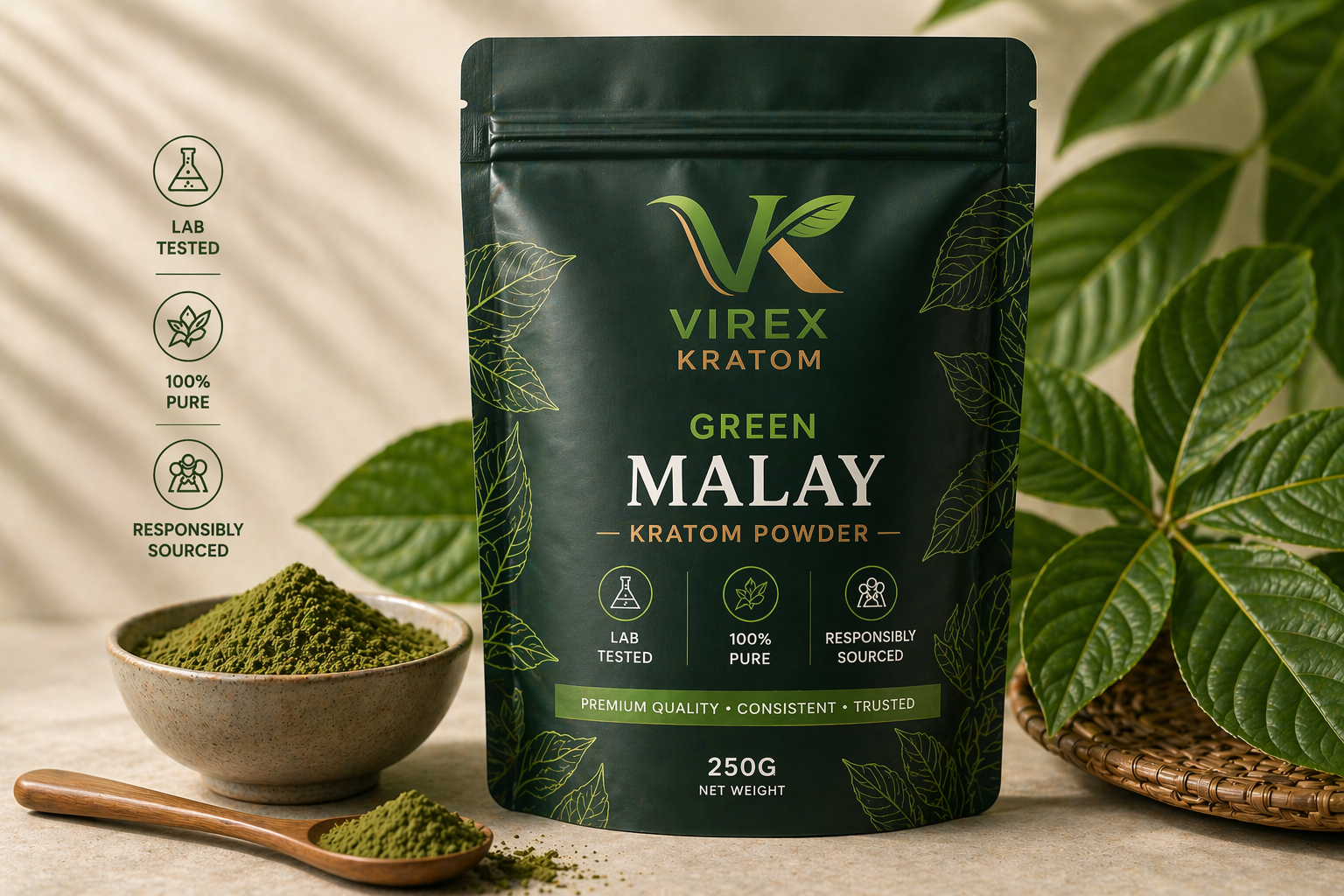 Virex Kratom package with green powder in a bowl and leaves on a neutral background