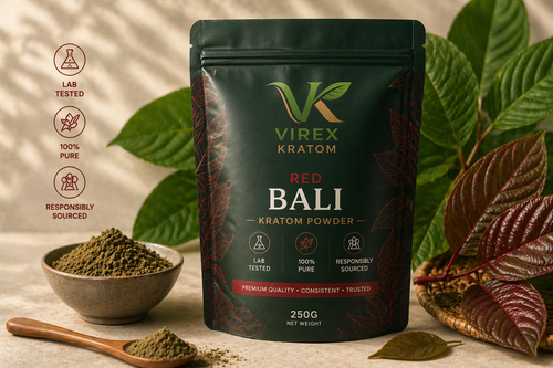 Virex Kratom package with red Bali kratom powder, surrounded by green leaves.