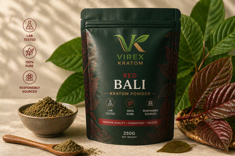Virex Kratom package with red Bali kratom powder, surrounded by green leaves.