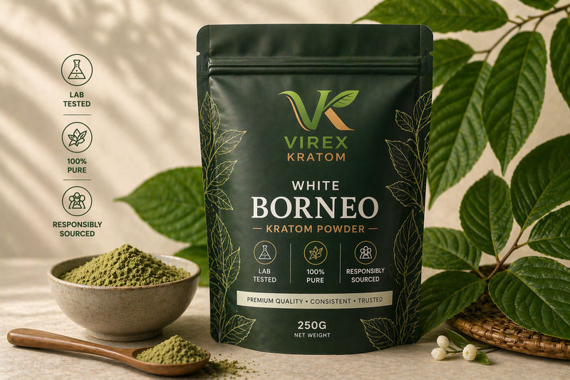 Virex Kratom package with green powder in a bowl and leaves in the background